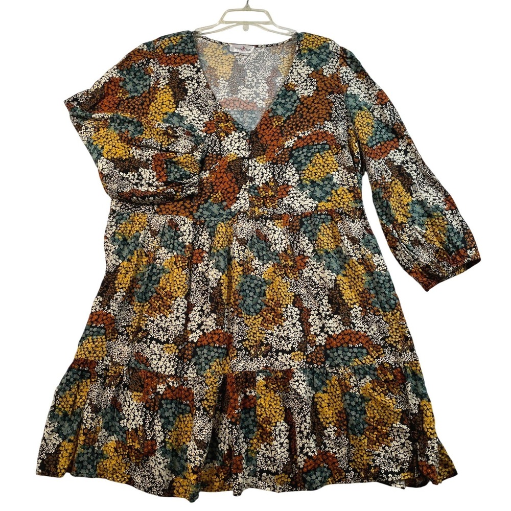Perfectly Priscilla Floral Tiered Babydoll Dress V-Neck Long Sleeve‎ Multi 3XL